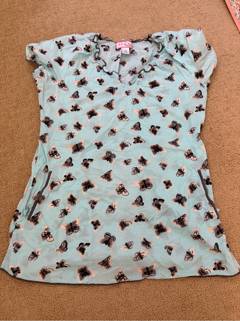 Koi Blue Butterfly Scrub Top